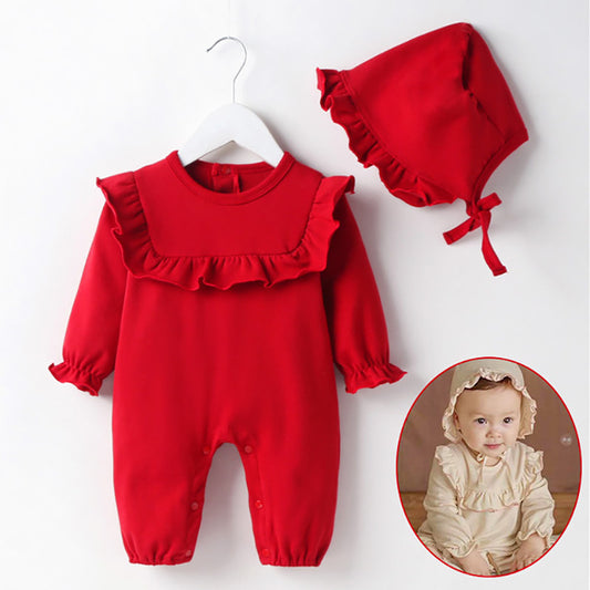 Cotton Long-sleeved Vintage style romper and bonnet