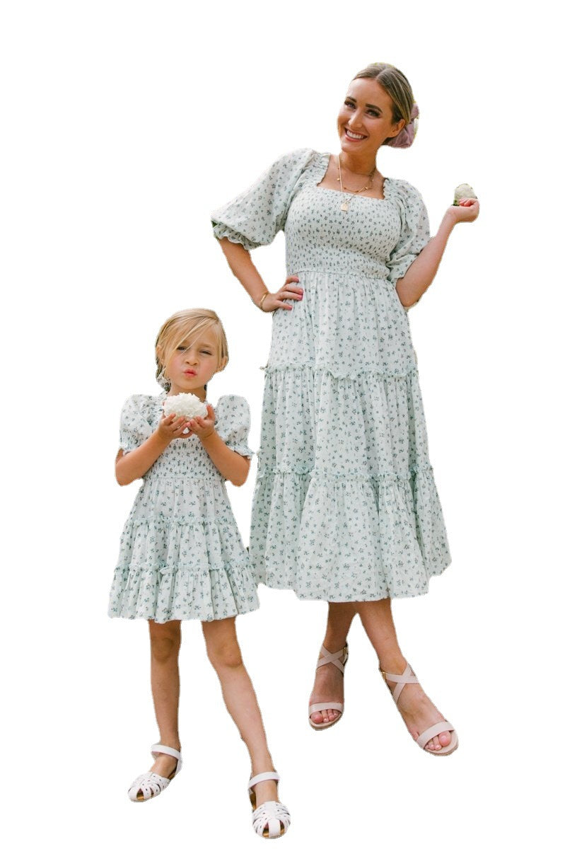 Fashion Floral Square Collar Lantern Sleeve Mother And Daughter Parent Child Dress