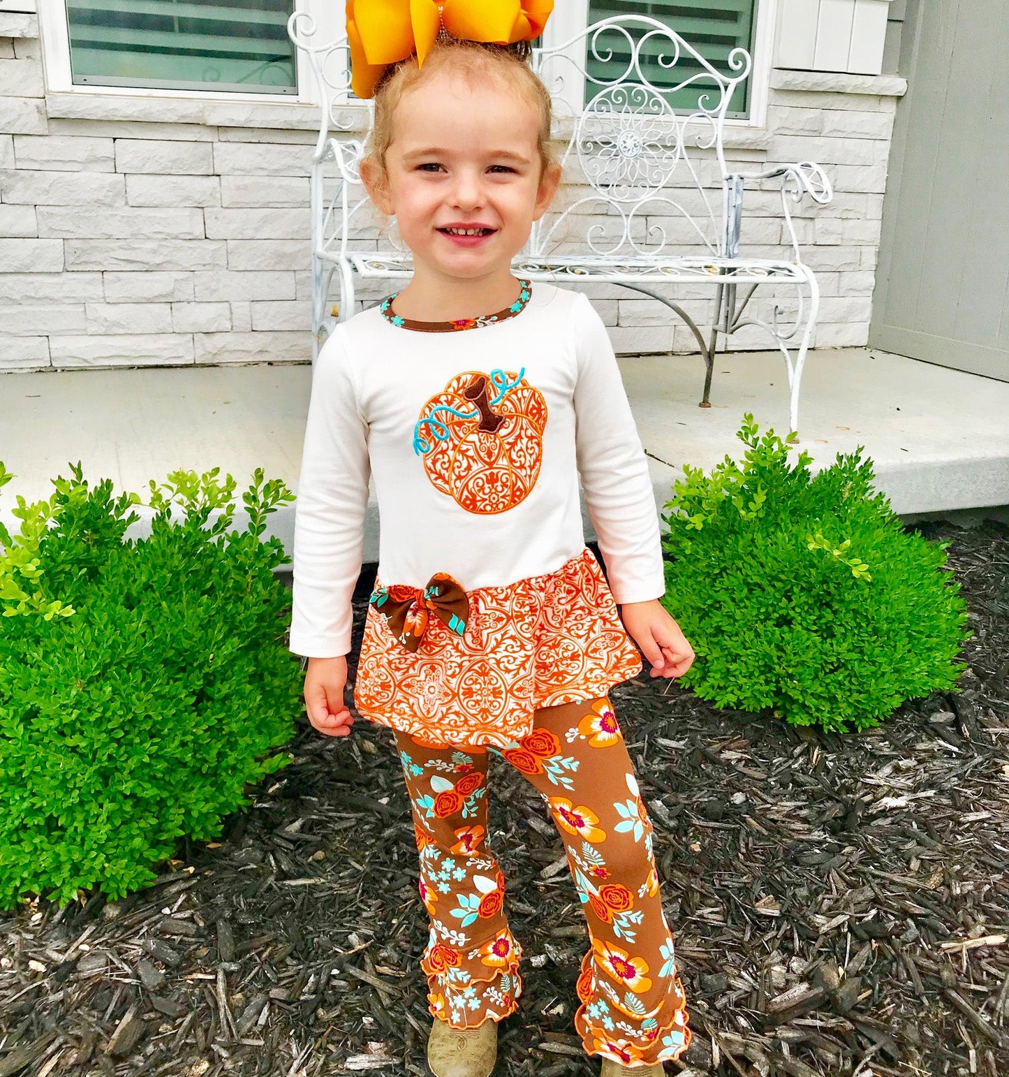 Big Girls Orange Pumpkin Autumn Floral Thanksgiving Tunic & Ruffle Pan