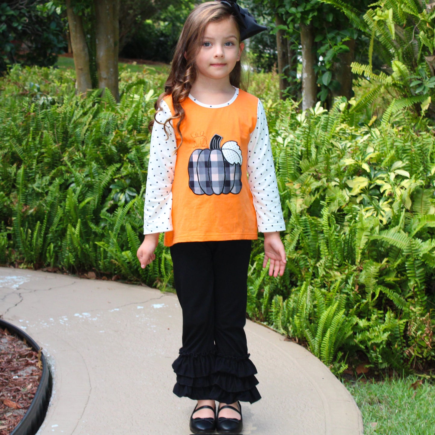 Girls Orange Pumpkin Top & Black Ruffle Pants Halloween Thanksgiving