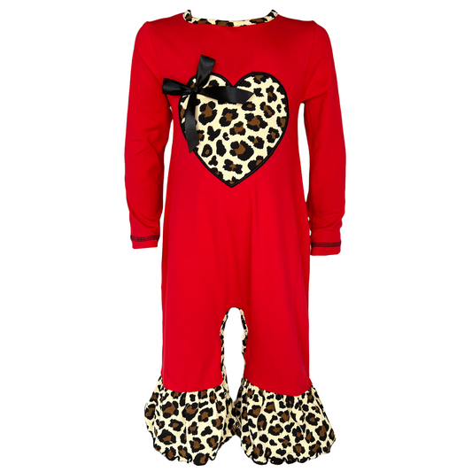 AnnLoren Baby Girls Leopard Valentines Holiday Heart Romper Outfit One