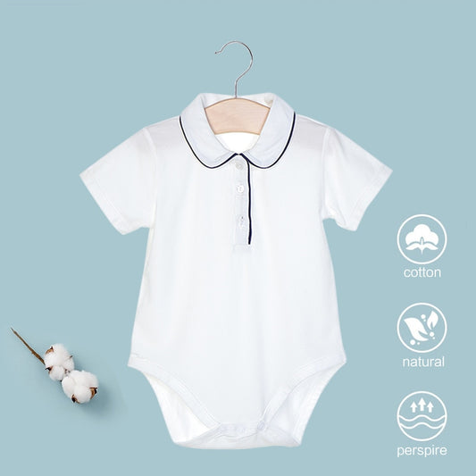Baby's White Lapel Short Sleeve Fart Coverall