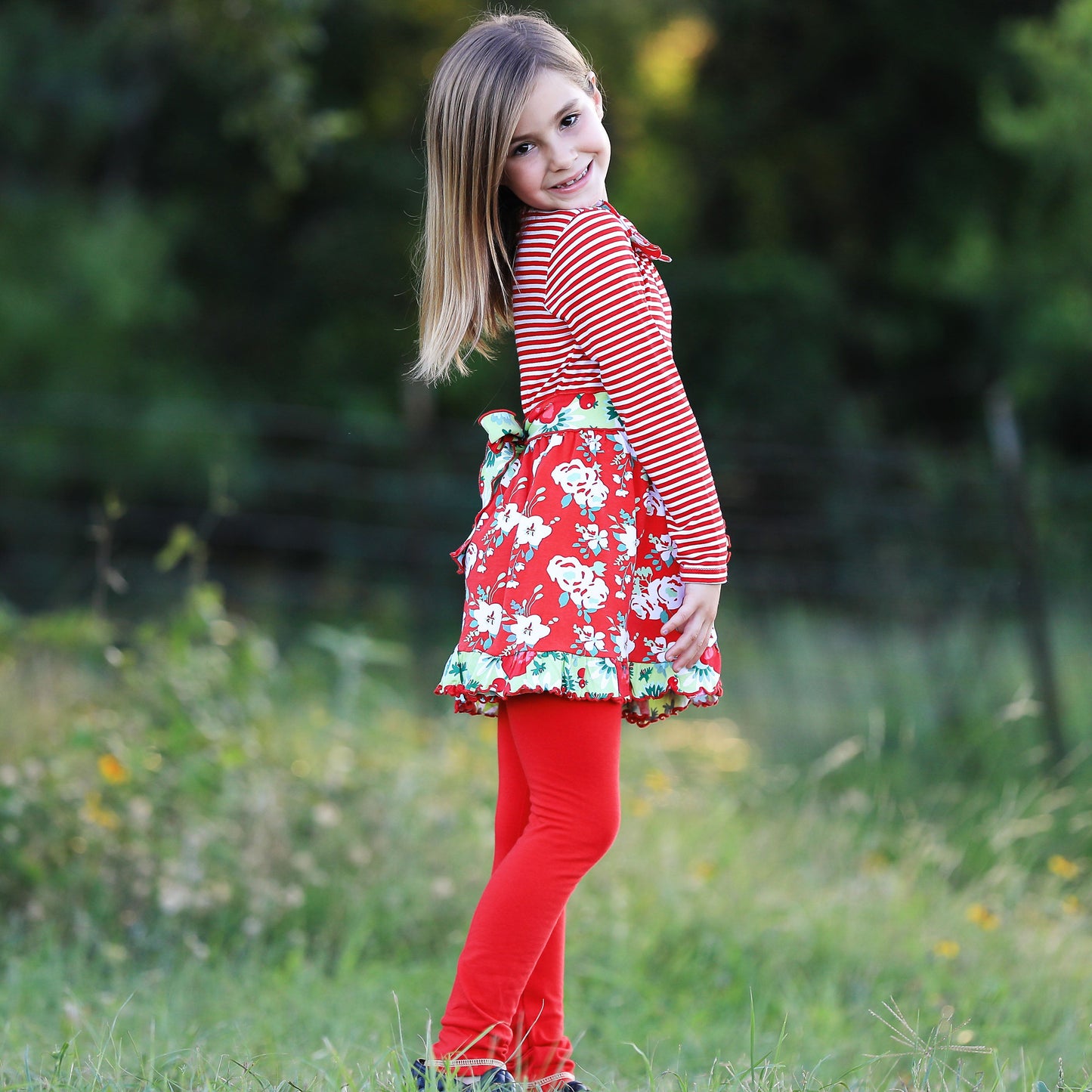 AnnLoren Little & Big Girls Boutique Red Christmas Floral Holiday
