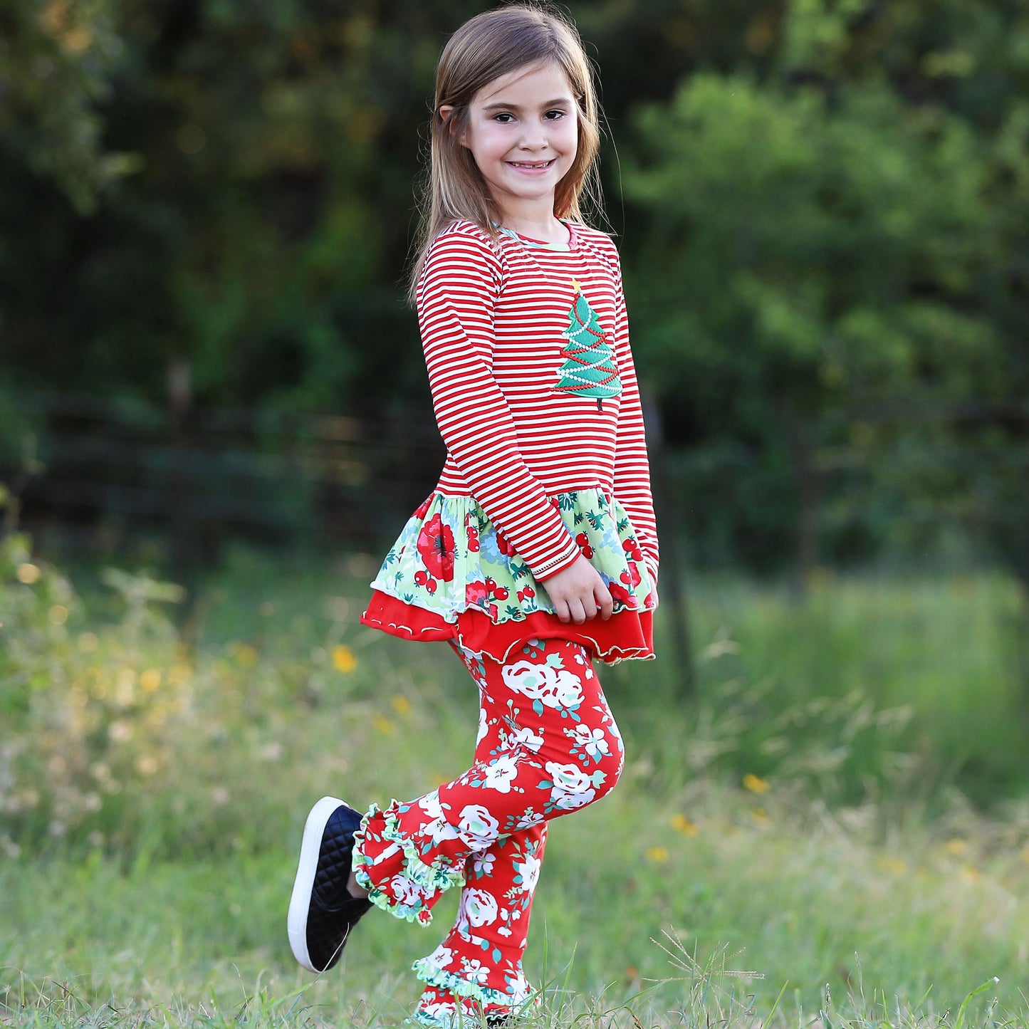 Girls Boutique Christmas Tree Holiday Tunic and Floral Ruffle