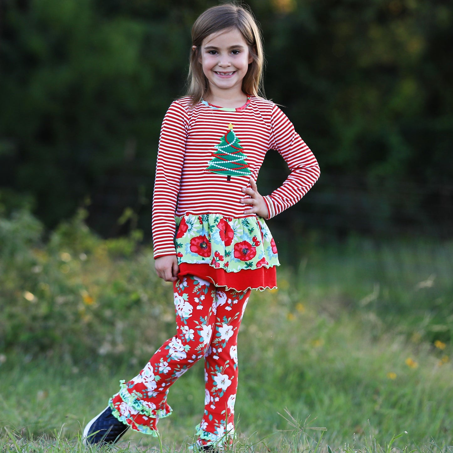 Girls Boutique Christmas Tree Holiday Tunic and Floral Ruffle